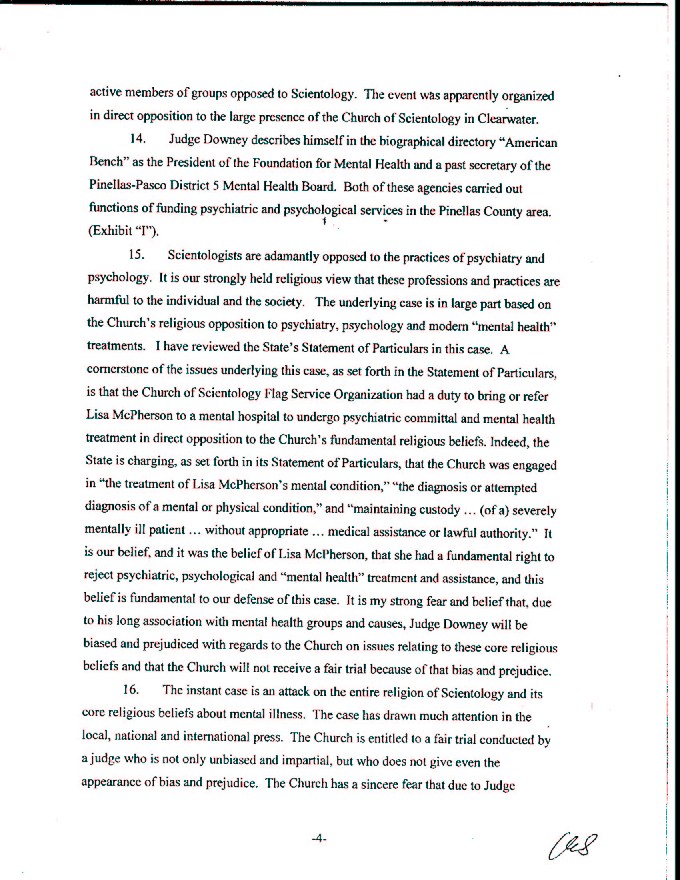 Affidavit of Mary Story. Filed in support of Scientology's Motion to Disqualify Judge